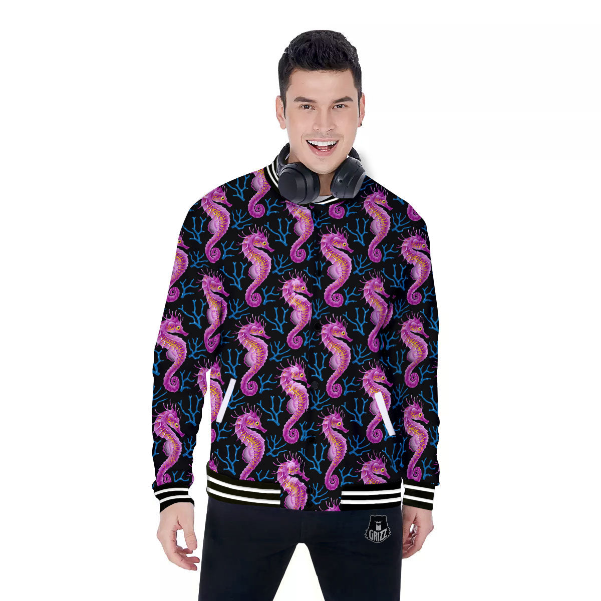 Seahorse Purple Print Pattern Baseball Jacket-grizzshop