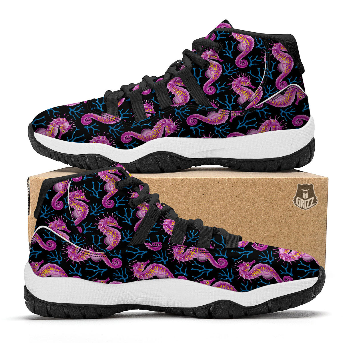 Seahorse Purple Print Pattern Black Bball Shoes-grizzshop
