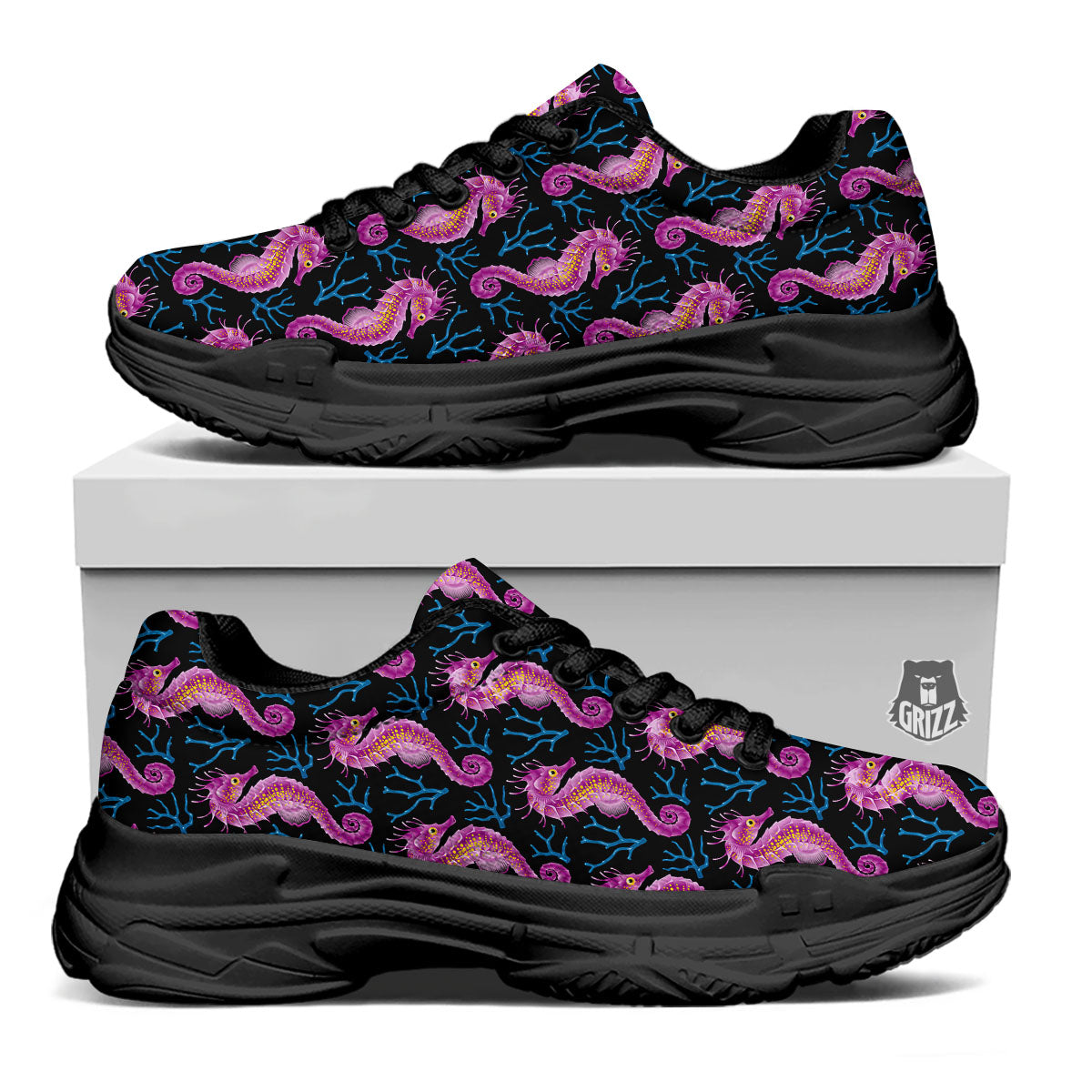 Seahorse Purple Print Pattern Black Chunky Shoes-grizzshop