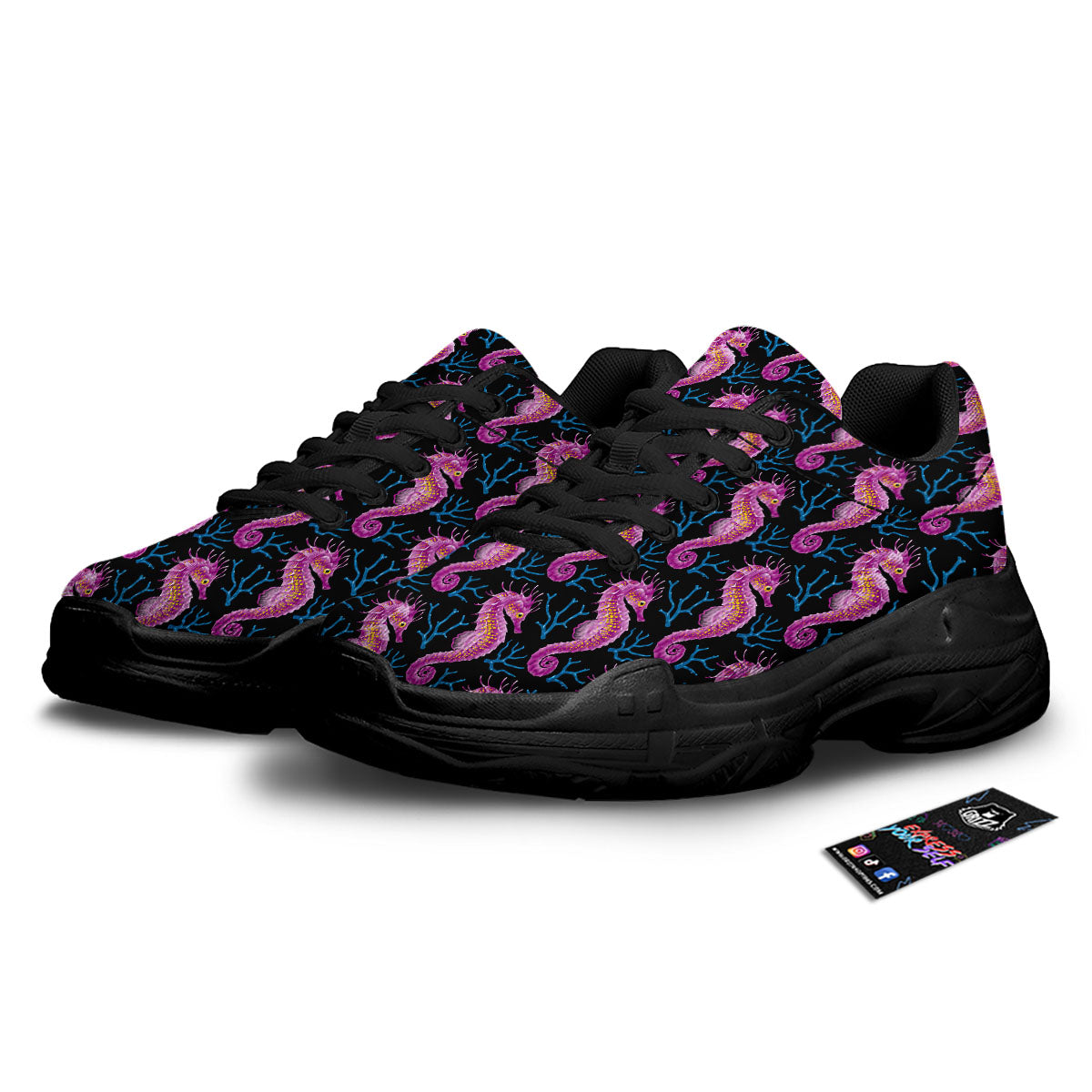 Seahorse Purple Print Pattern Black Chunky Shoes-grizzshop