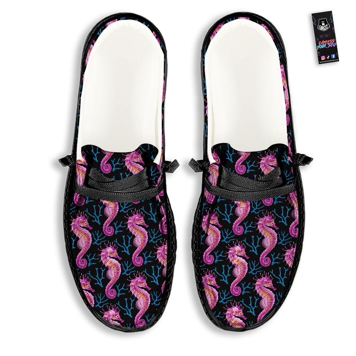 Seahorse Purple Print Pattern Black Loafers-grizzshop
