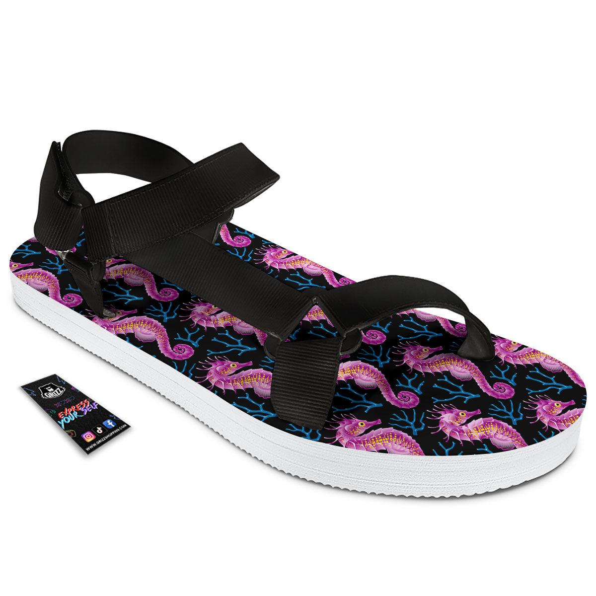 Seahorse Purple Print Pattern Black Open Toe Sandals-grizzshop