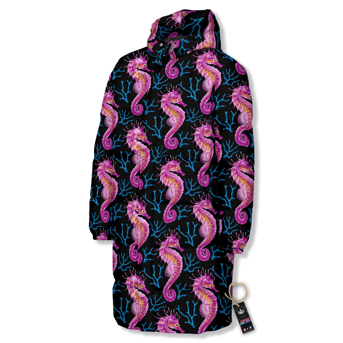 Seahorse Purple Print Pattern Long Down Jacket-grizzshop