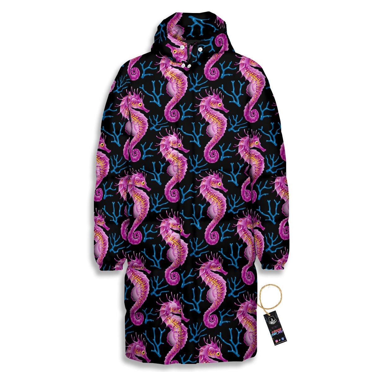 Seahorse Purple Print Pattern Long Down Jacket-grizzshop