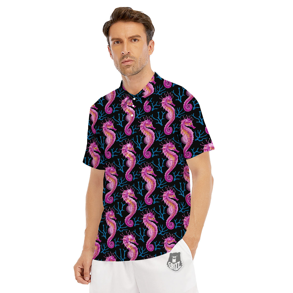 Seahorse Purple Print Pattern Men's Golf Shirts-grizzshop