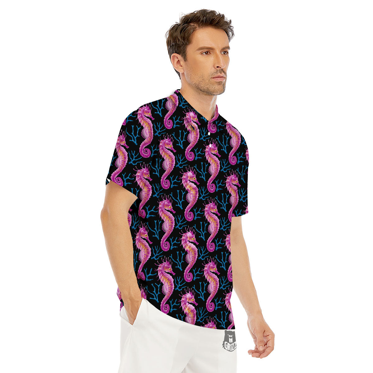 Seahorse Purple Print Pattern Men's Golf Shirts-grizzshop