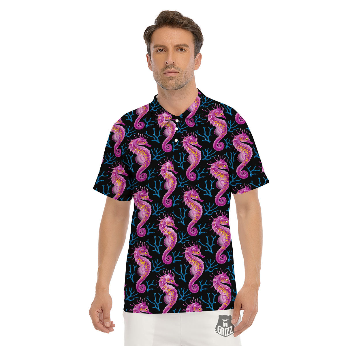 Seahorse Purple Print Pattern Men's Golf Shirts-grizzshop