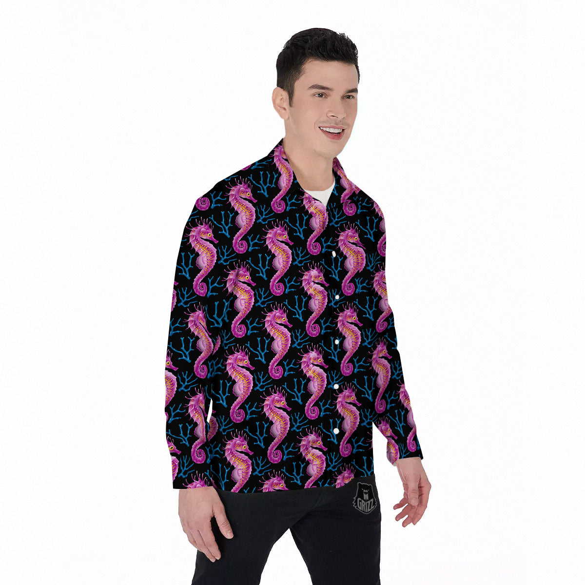 Seahorse Purple Print Pattern Men's Long Sleeve Shirts-grizzshop