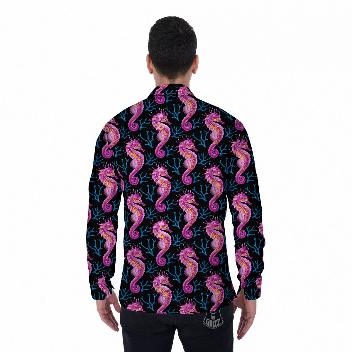 Seahorse Purple Print Pattern Men's Long Sleeve Shirts-grizzshop