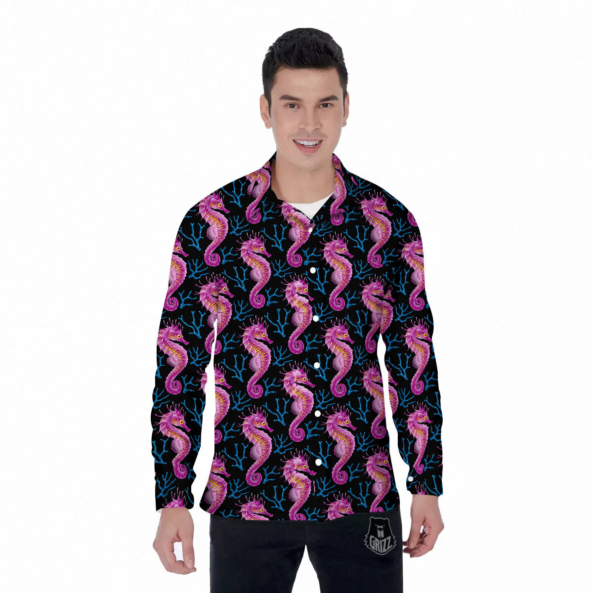 Seahorse Purple Print Pattern Men's Long Sleeve Shirts-grizzshop