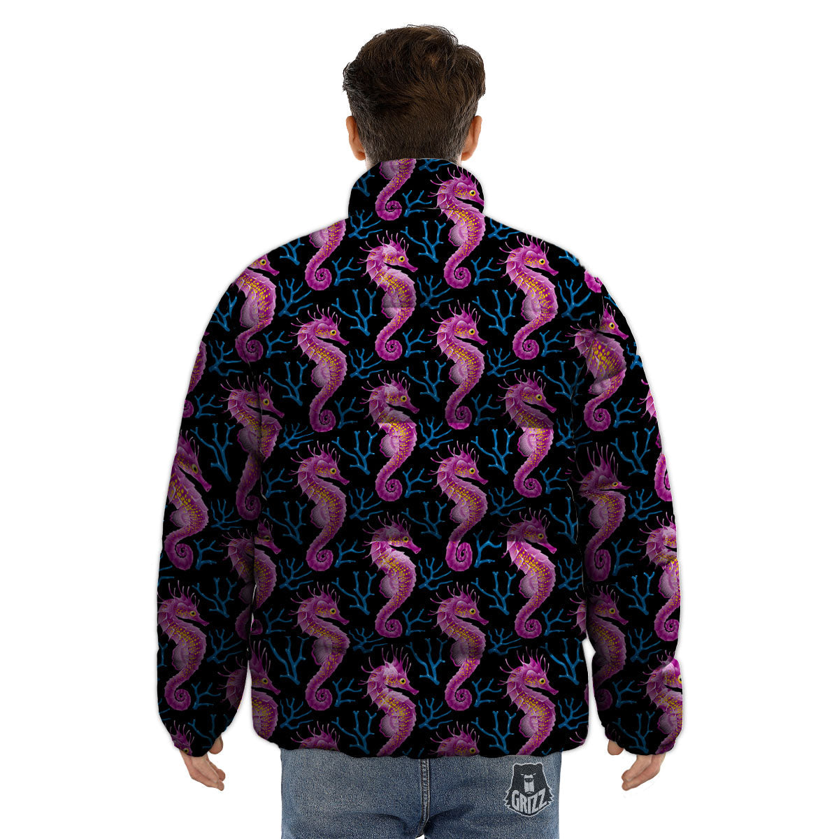 Seahorse Purple Print Pattern Puffer Jacket-grizzshop