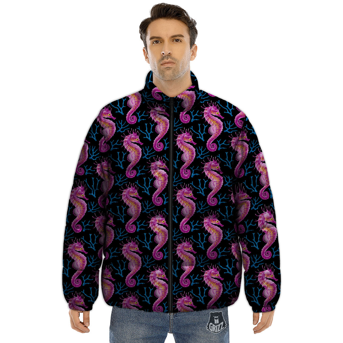 Seahorse Purple Print Pattern Puffer Jacket-grizzshop