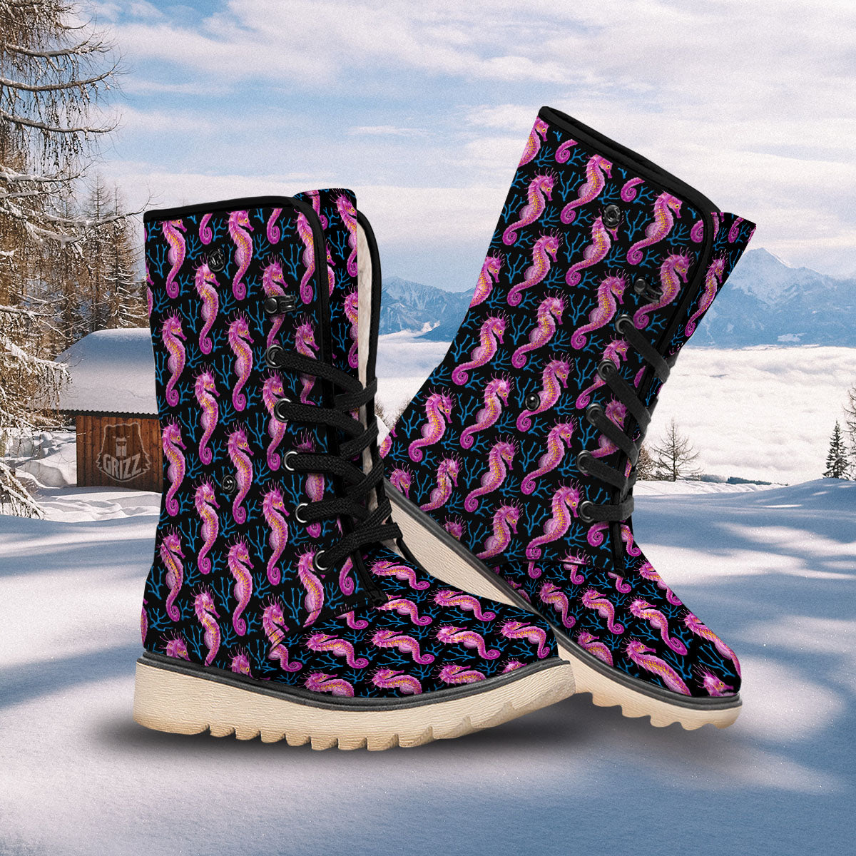 Seahorse Purple Print Pattern Snow Boots-grizzshop