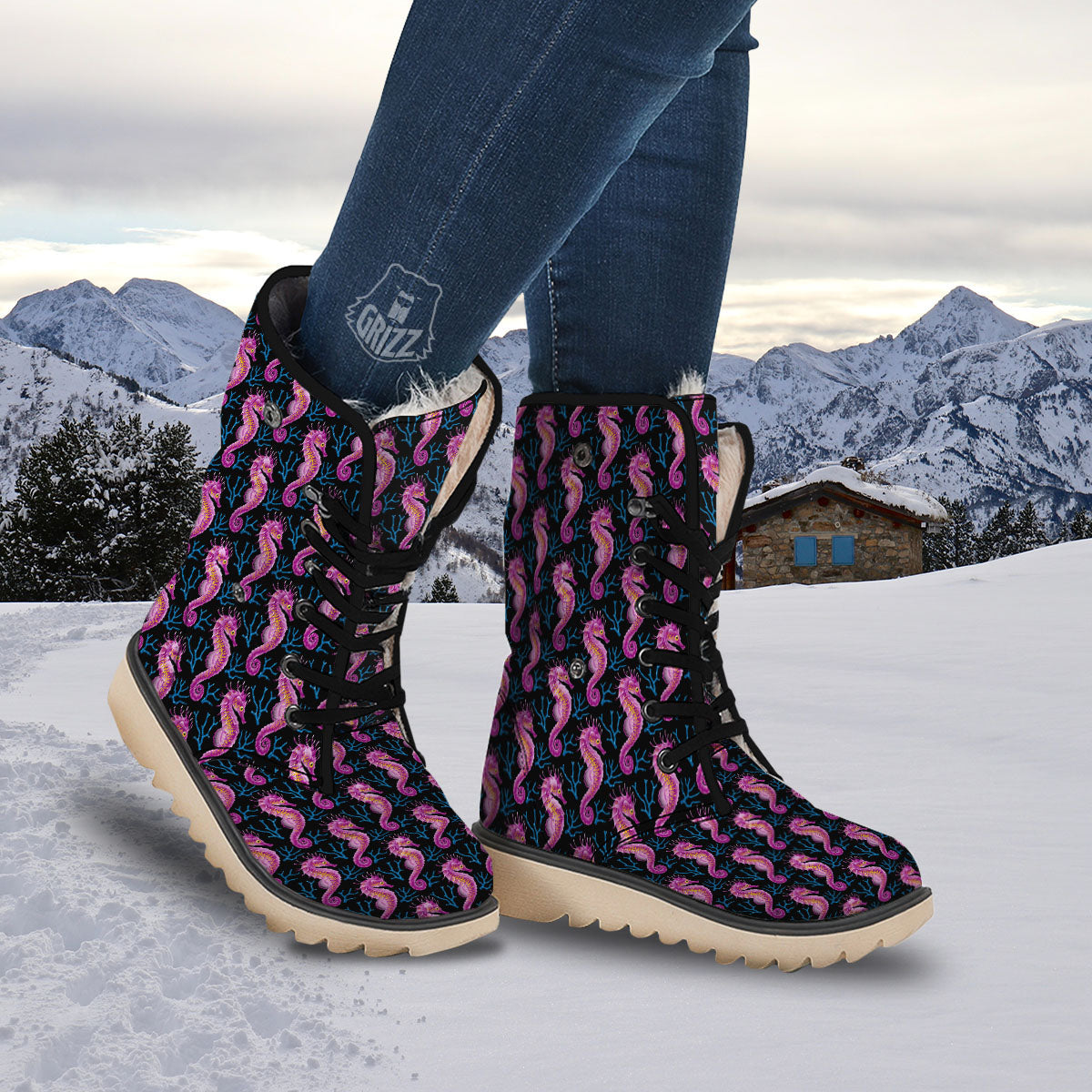 Seahorse Purple Print Pattern Snow Boots-grizzshop