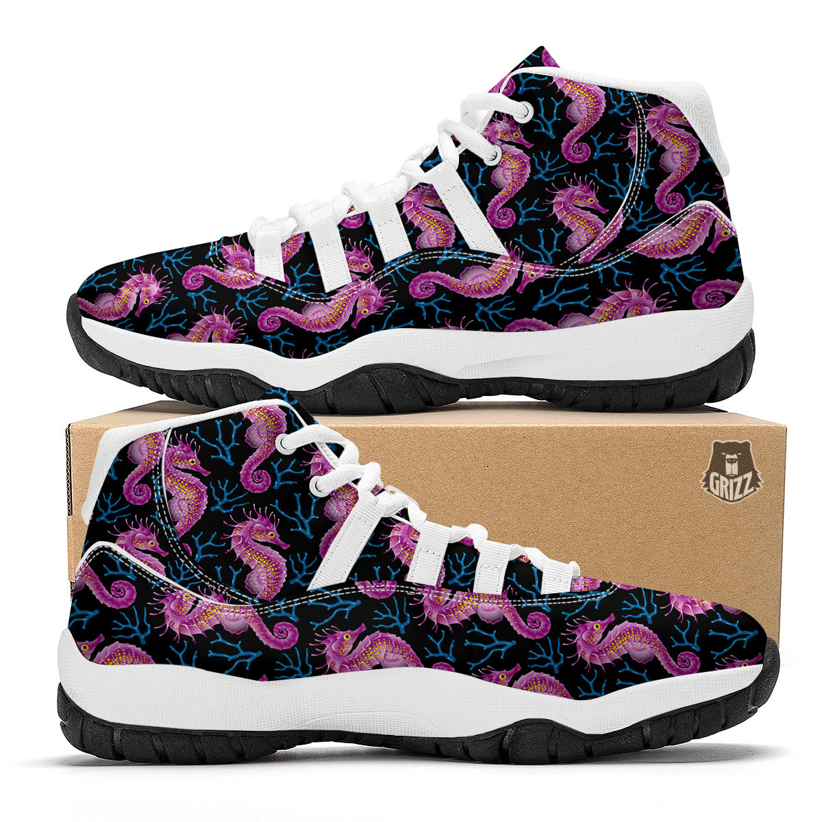 Seahorse Purple Print Pattern White Bball Shoes-grizzshop
