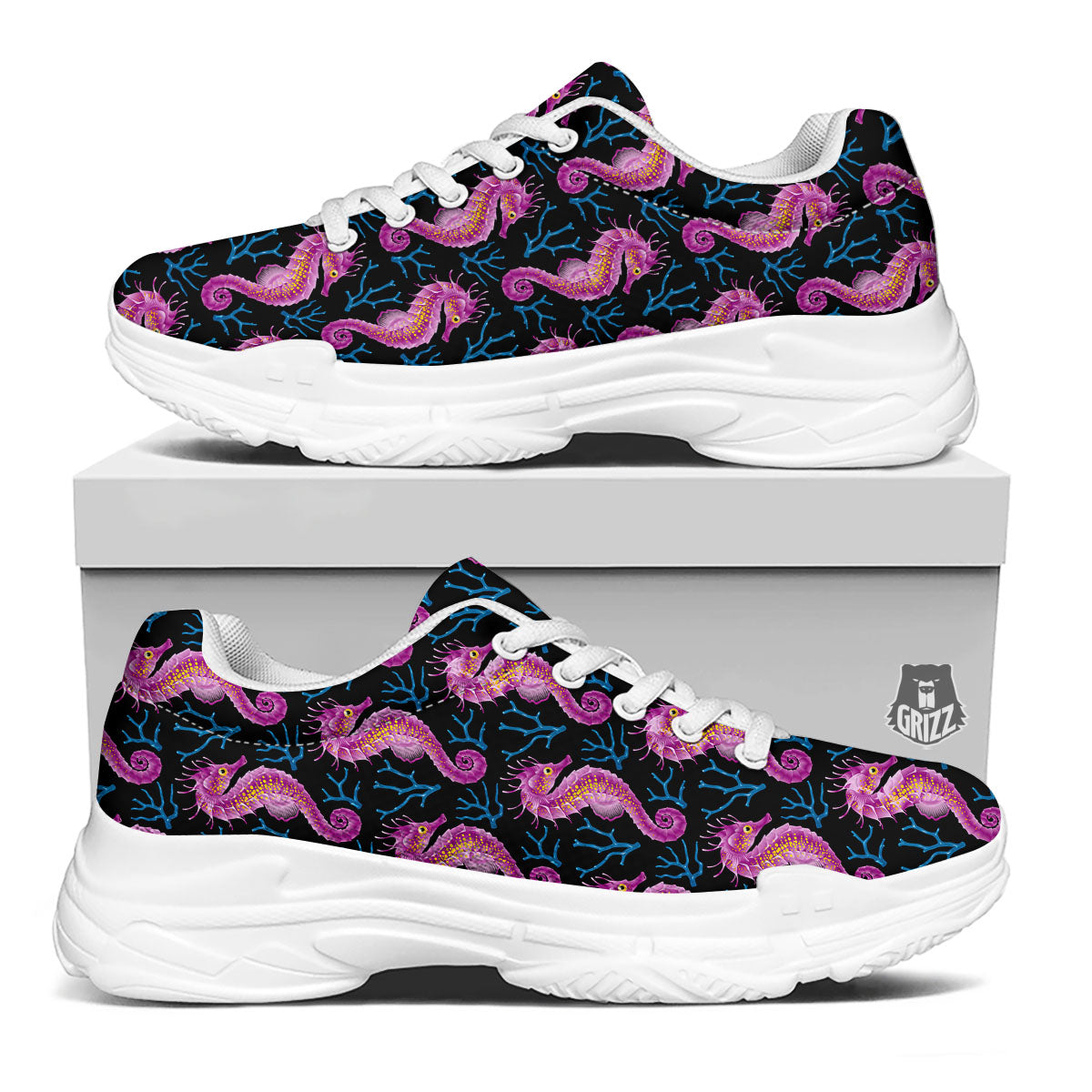 Seahorse Purple Print Pattern White Chunky Shoes-grizzshop