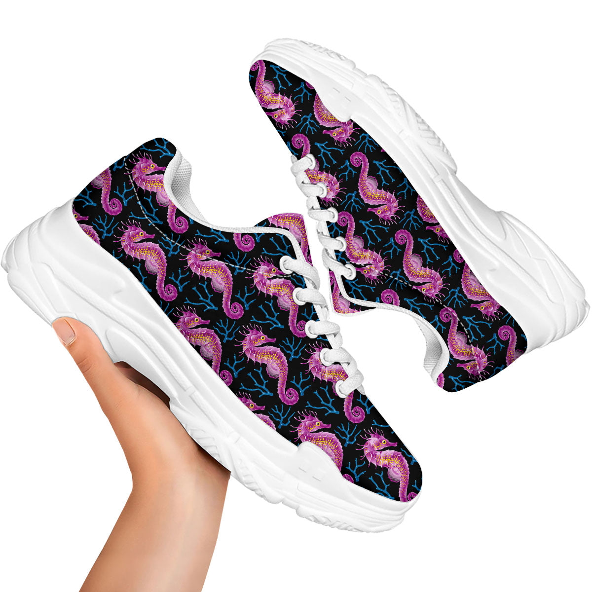Seahorse Purple Print Pattern White Chunky Shoes-grizzshop