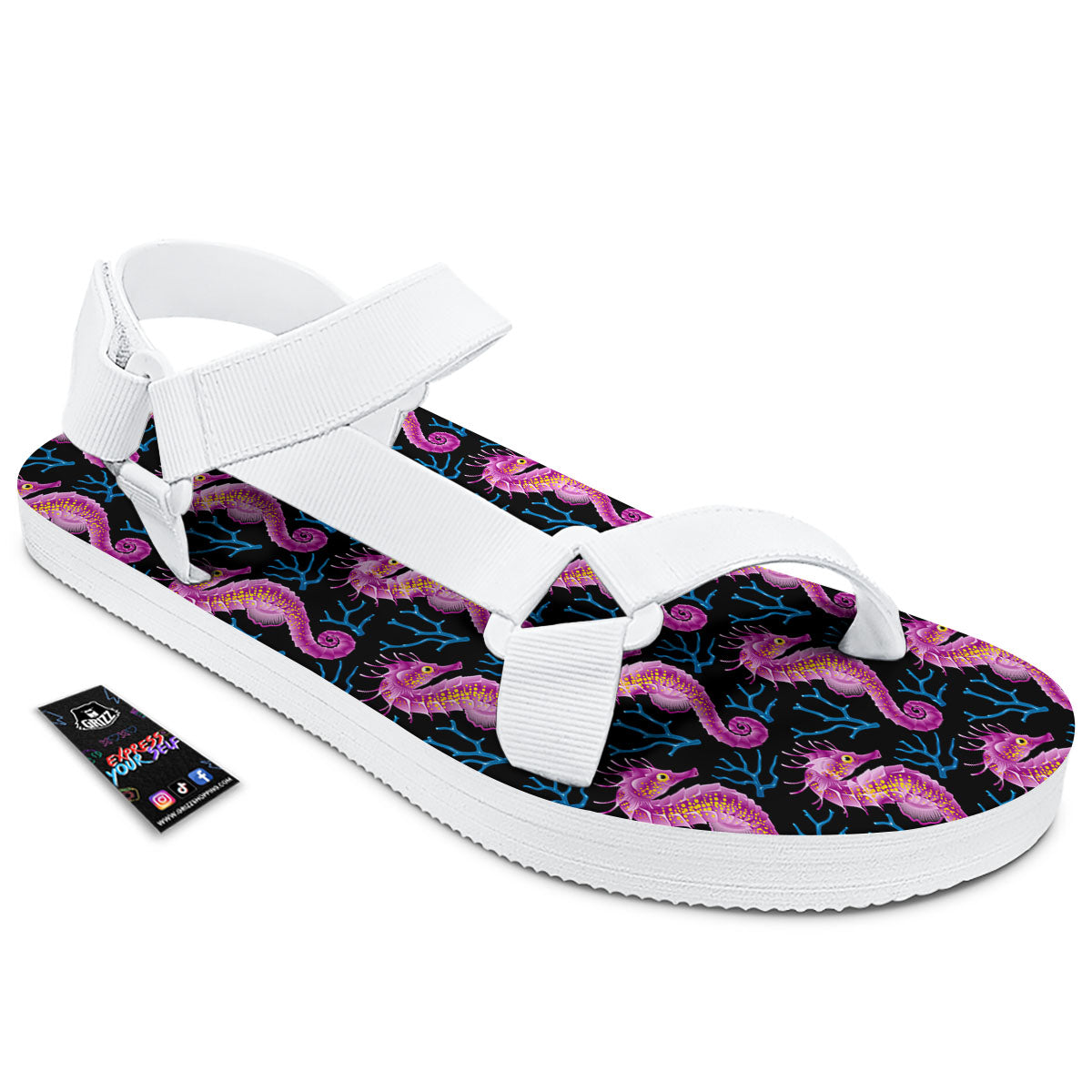 Seahorse Purple Print Pattern White Open Toe Sandals-grizzshop