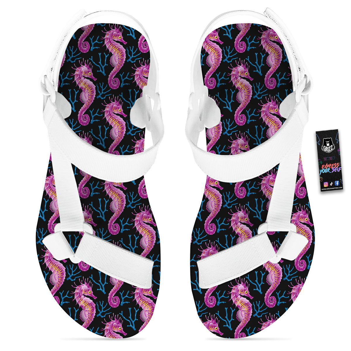 Seahorse Purple Print Pattern White Open Toe Sandals-grizzshop