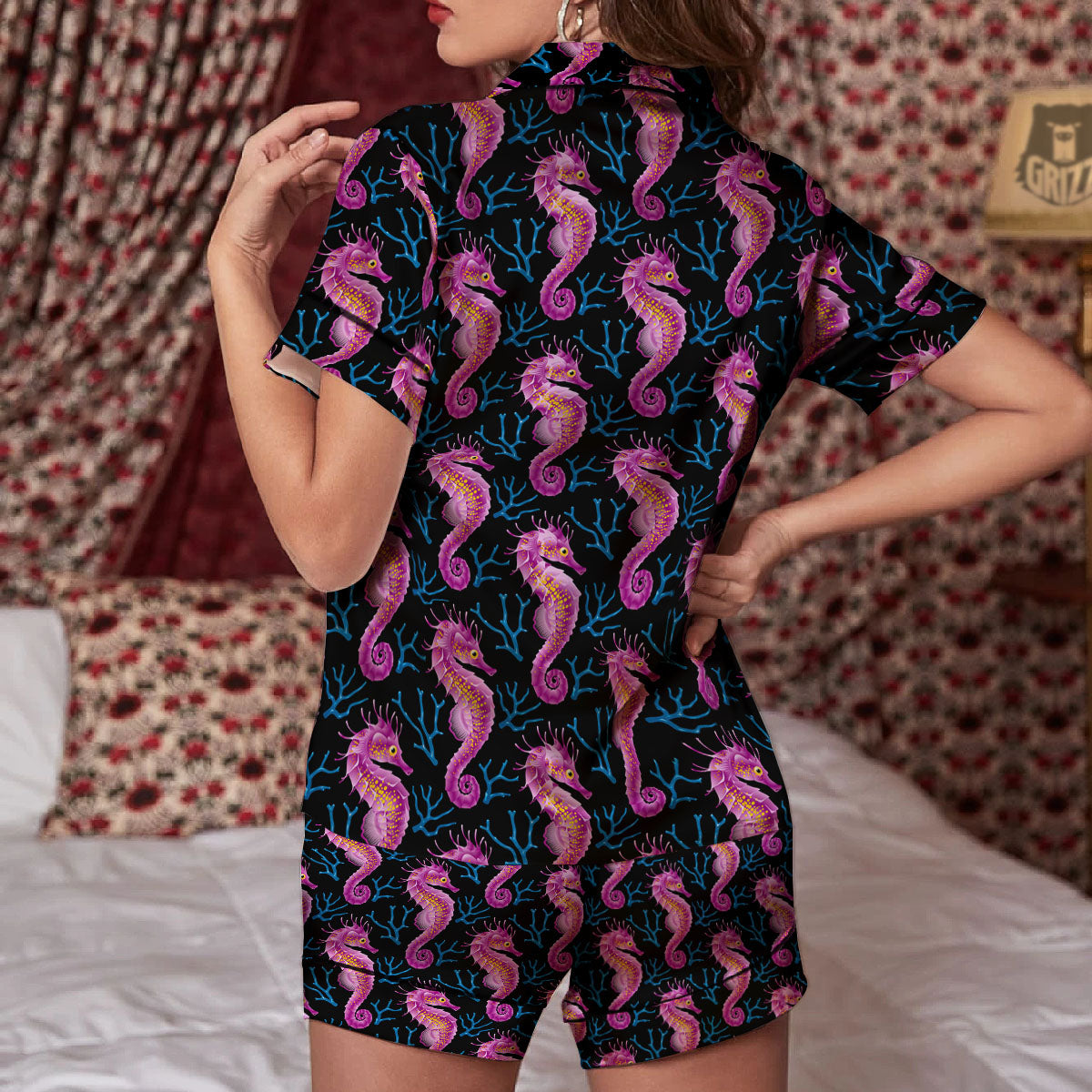 Seahorse Purple Print Pattern Women Silk Pajamas-grizzshop