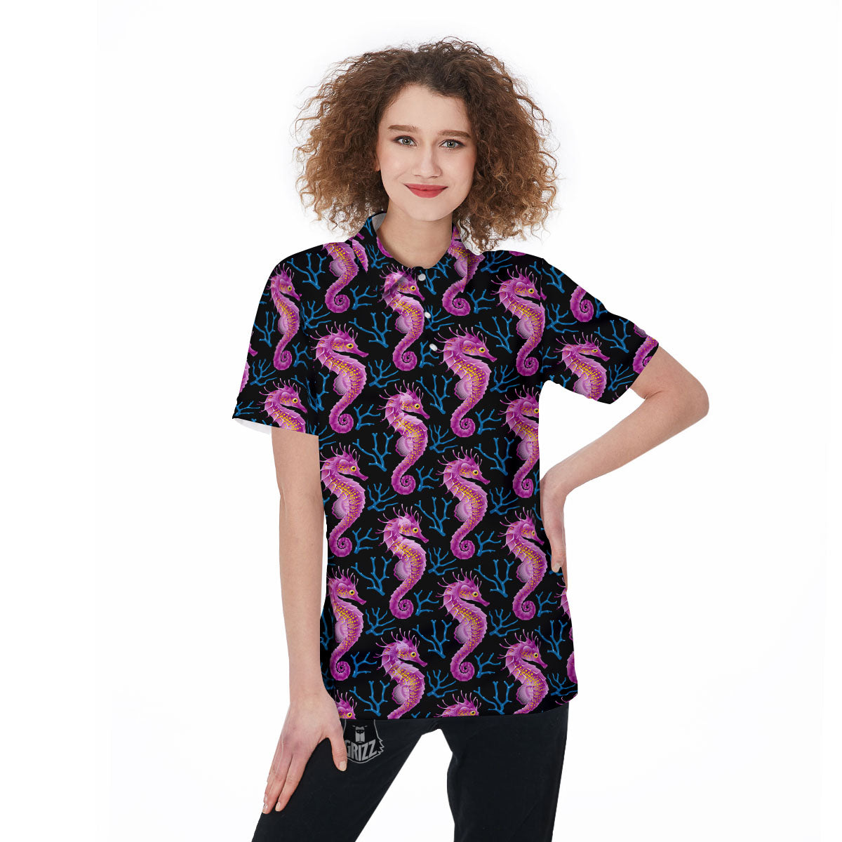 Seahorse Purple Print Pattern Women's Golf Shirts-grizzshop