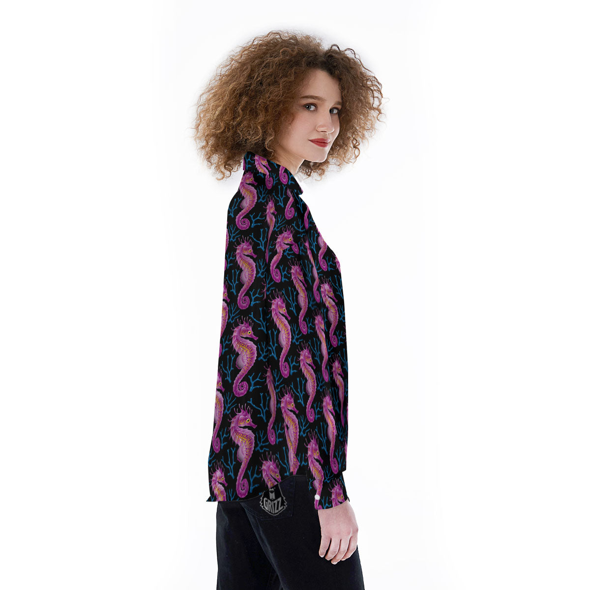 Seahorse Purple Print Pattern Women's Long Sleeve Shirts-grizzshop