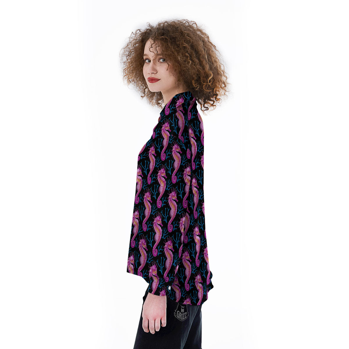 Seahorse Purple Print Pattern Women's Long Sleeve Shirts-grizzshop