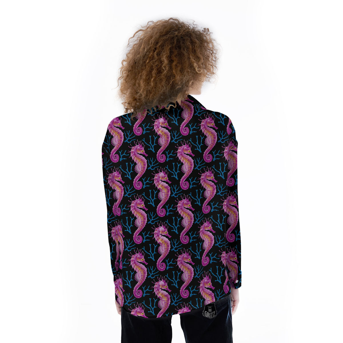 Seahorse Purple Print Pattern Women's Long Sleeve Shirts-grizzshop