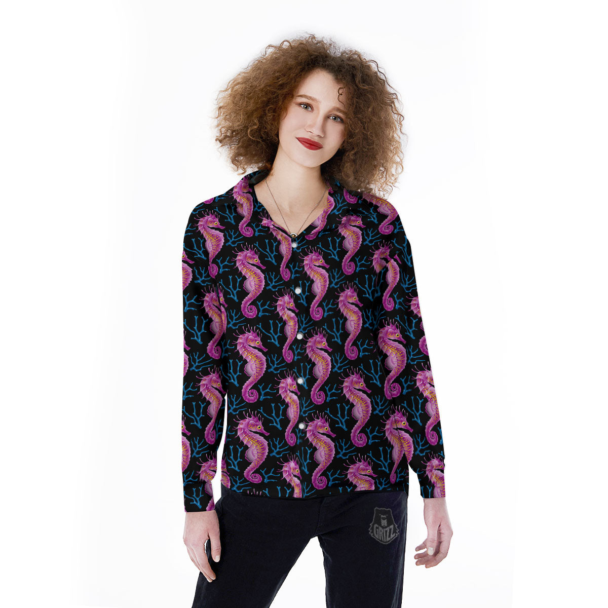 Seahorse Purple Print Pattern Women's Long Sleeve Shirts-grizzshop
