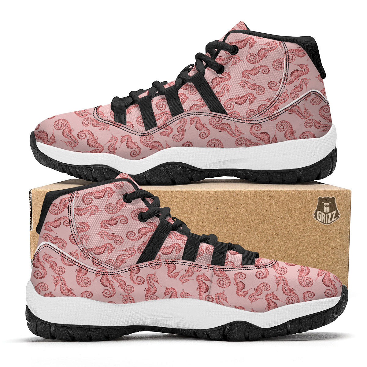 Seahorse Watercolor Print Pattern Black Bball Shoes-grizzshop
