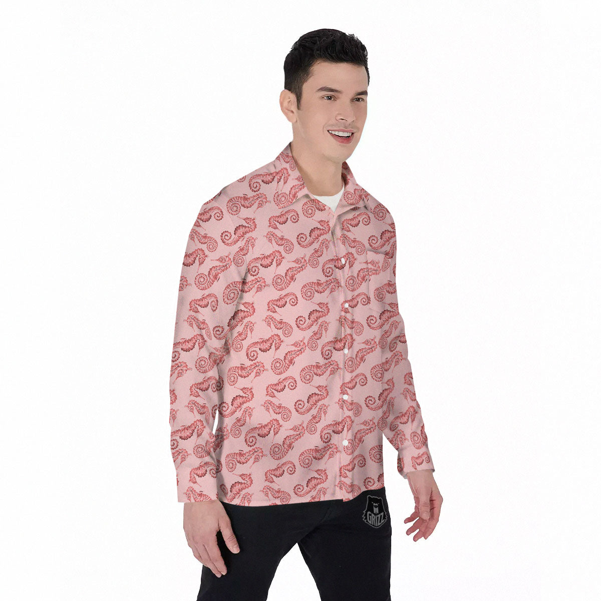Seahorse Watercolor Print Pattern Men's Long Sleeve Shirts-grizzshop