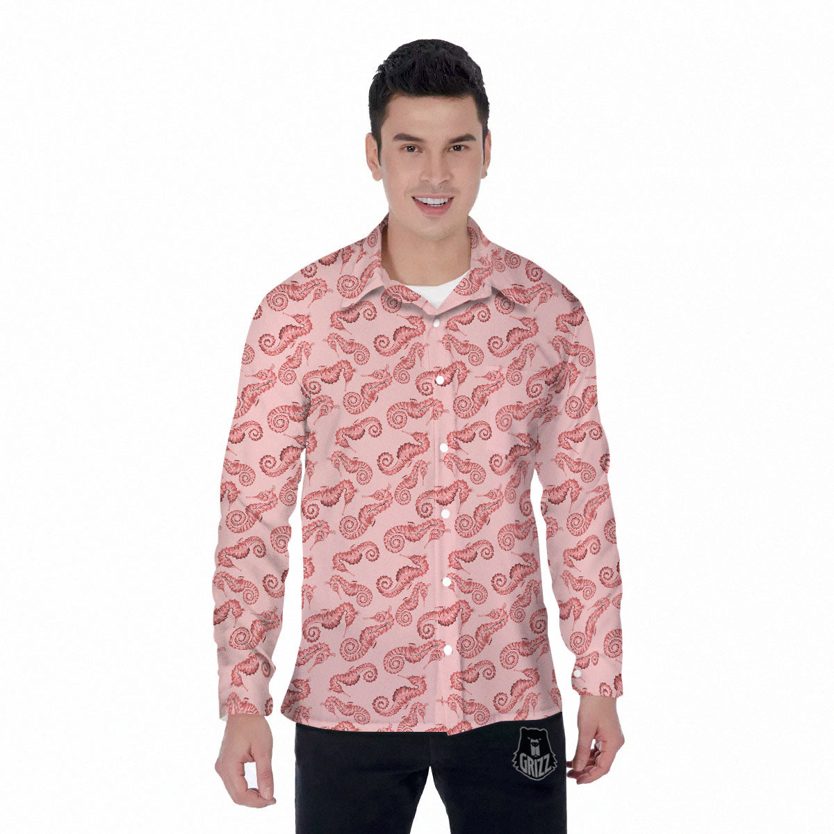 Seahorse Watercolor Print Pattern Men's Long Sleeve Shirts-grizzshop