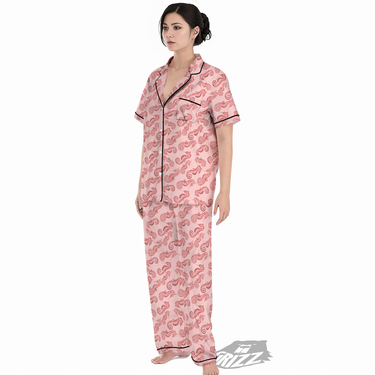 Seahorse Watercolor Print Pattern Women's Pajamas Set-grizzshop
