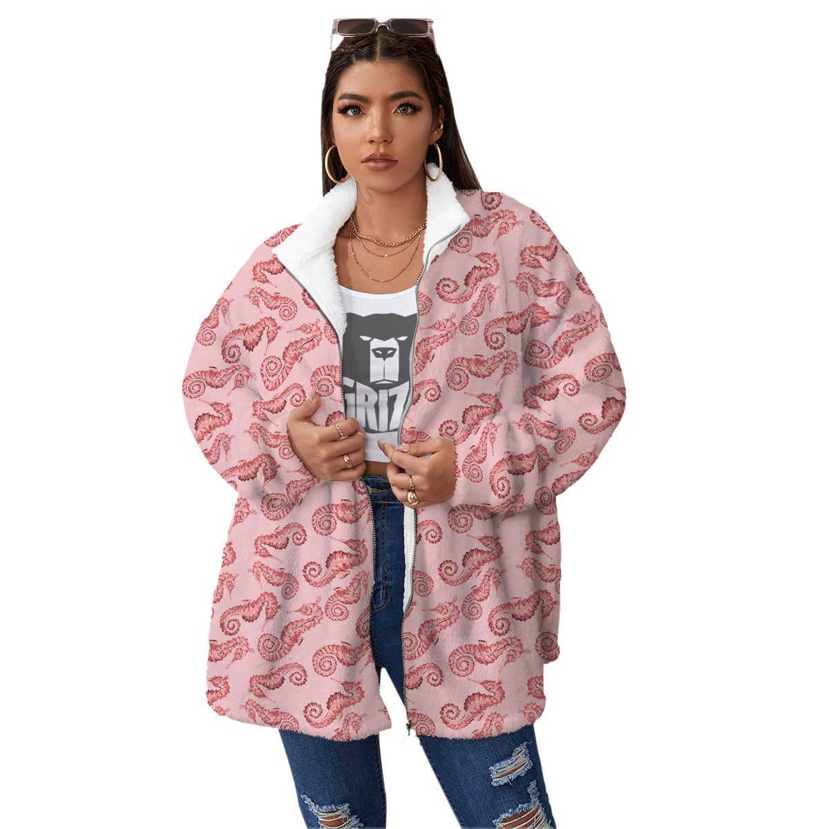 Seahorse Watercolor Print Pattern Women's Sherpa Jacket-grizzshop