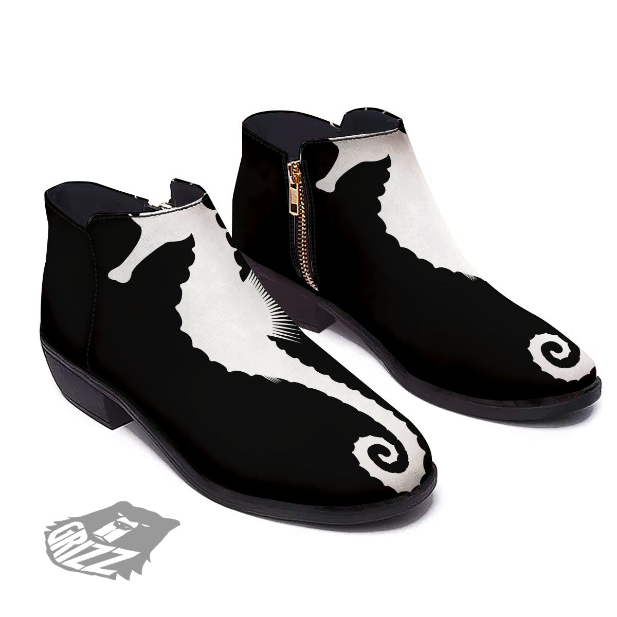 Seahorse White And Black Print Ankle Boots-grizzshop