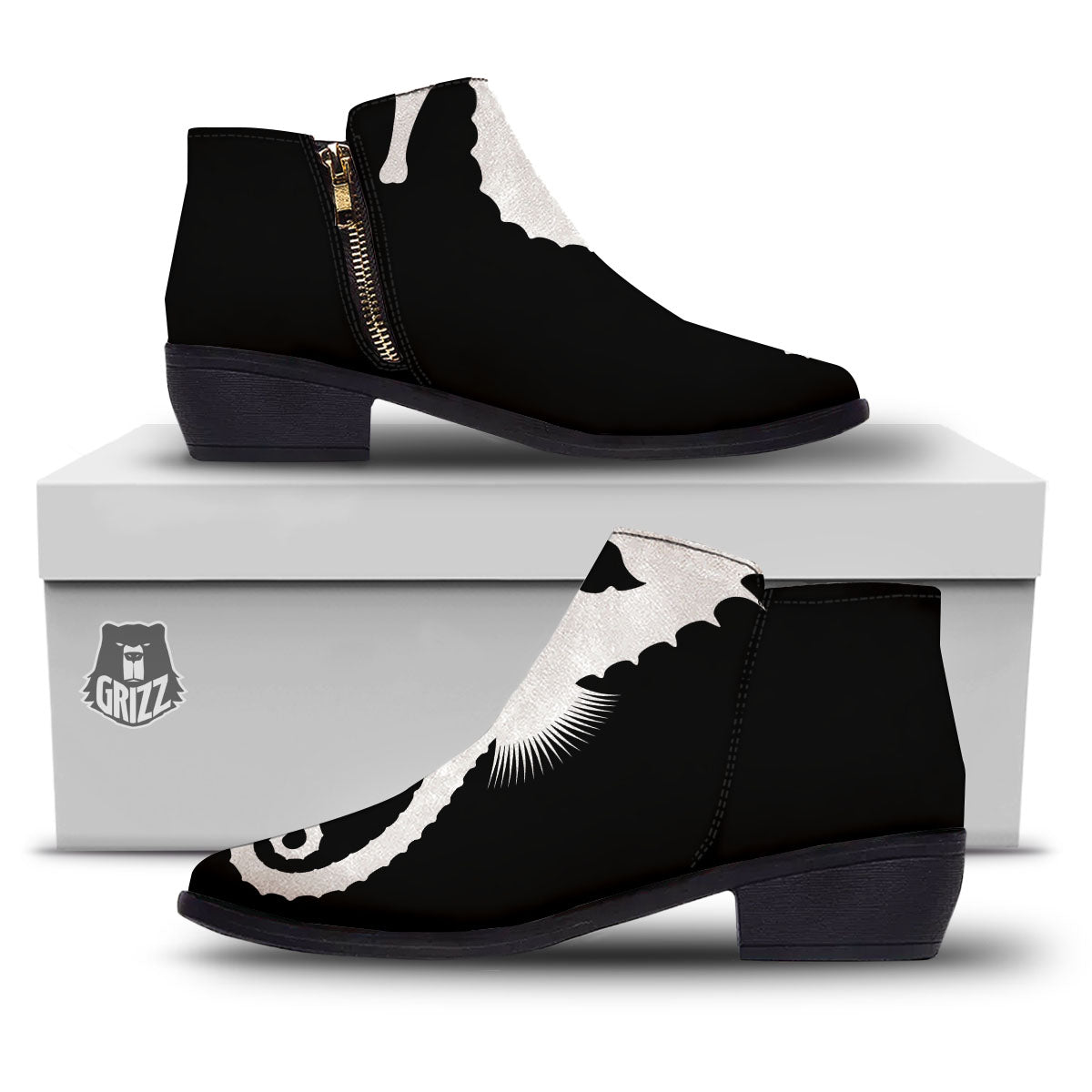 Seahorse White And Black Print Ankle Boots-grizzshop