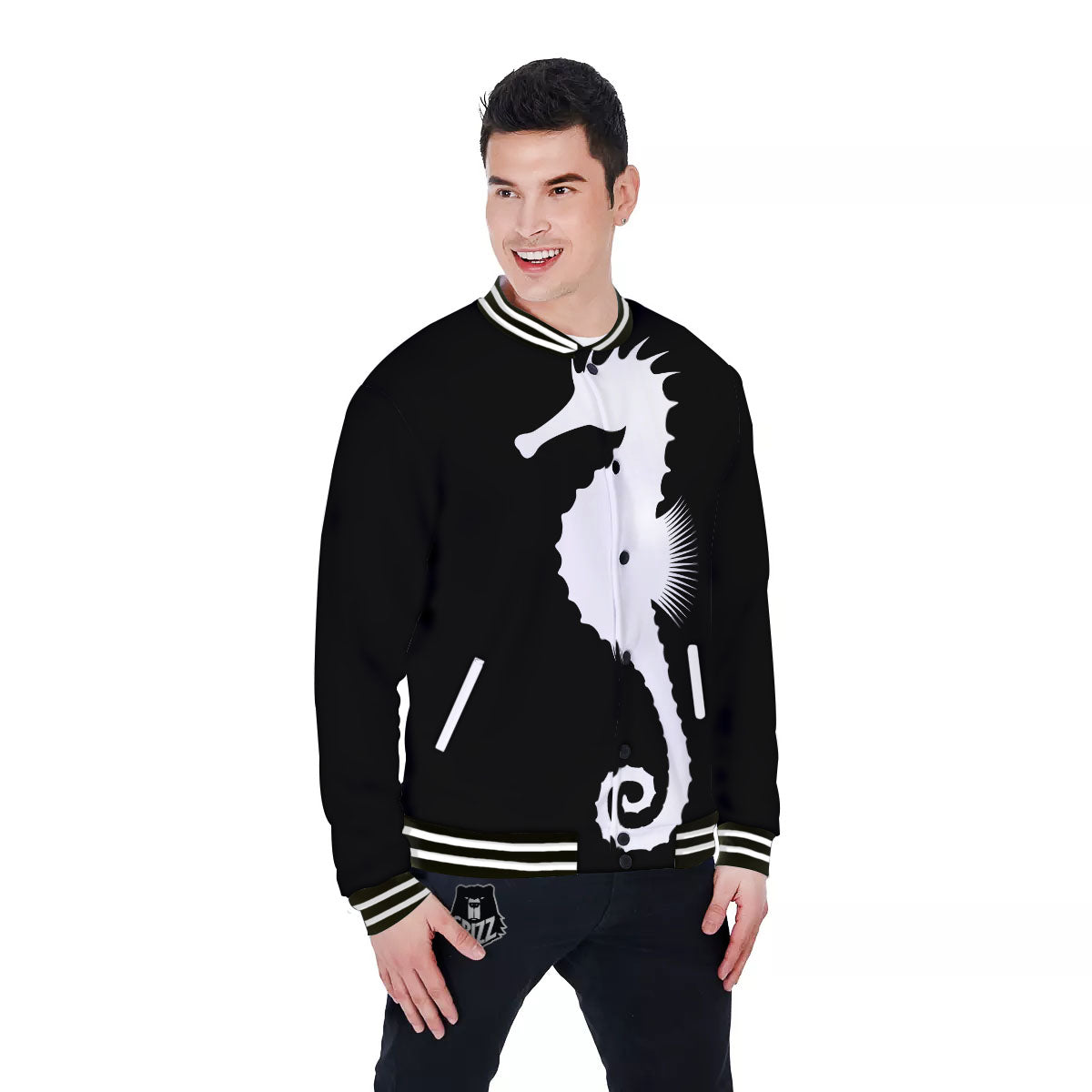 Seahorse White And Black Print Baseball Jacket-grizzshop