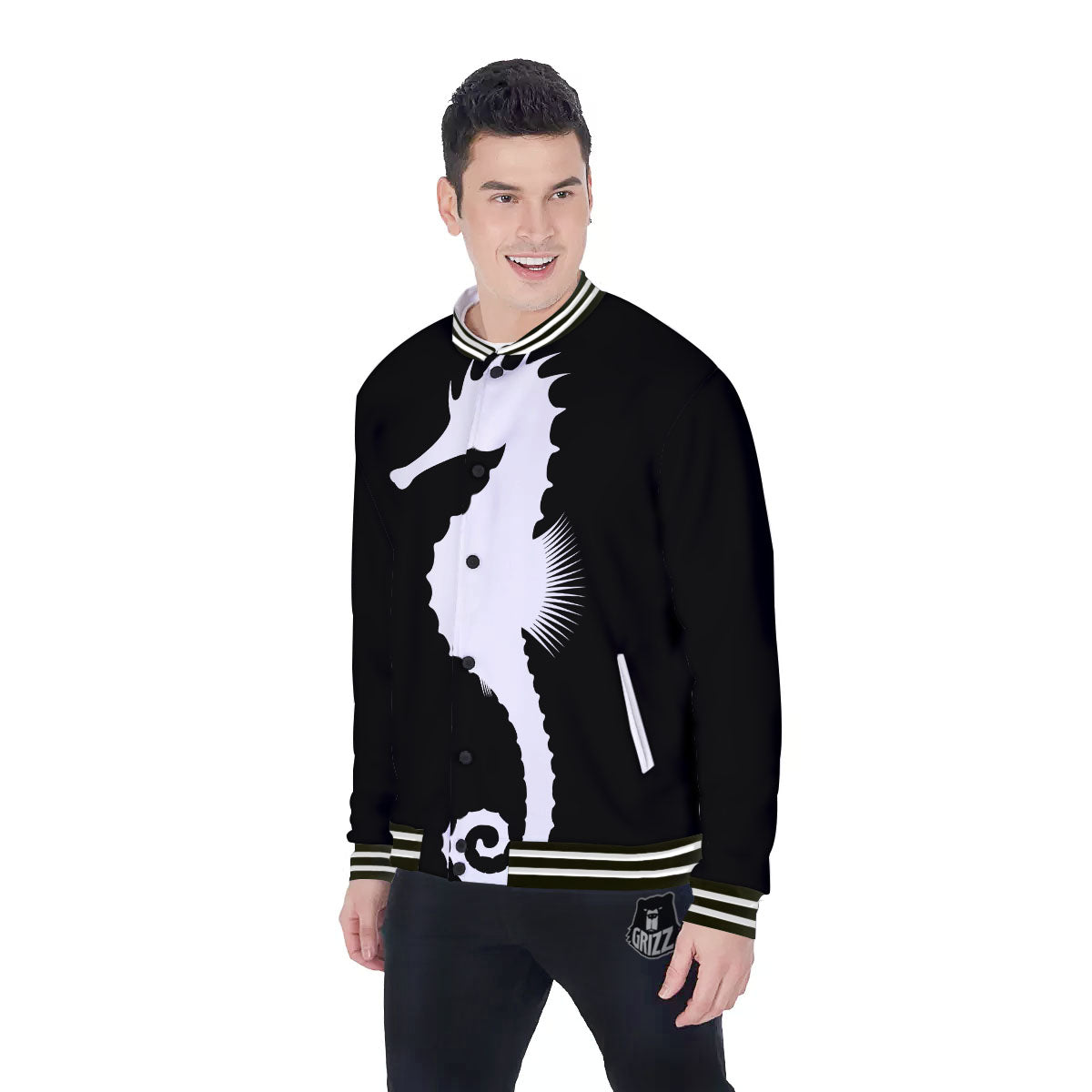Seahorse White And Black Print Baseball Jacket-grizzshop