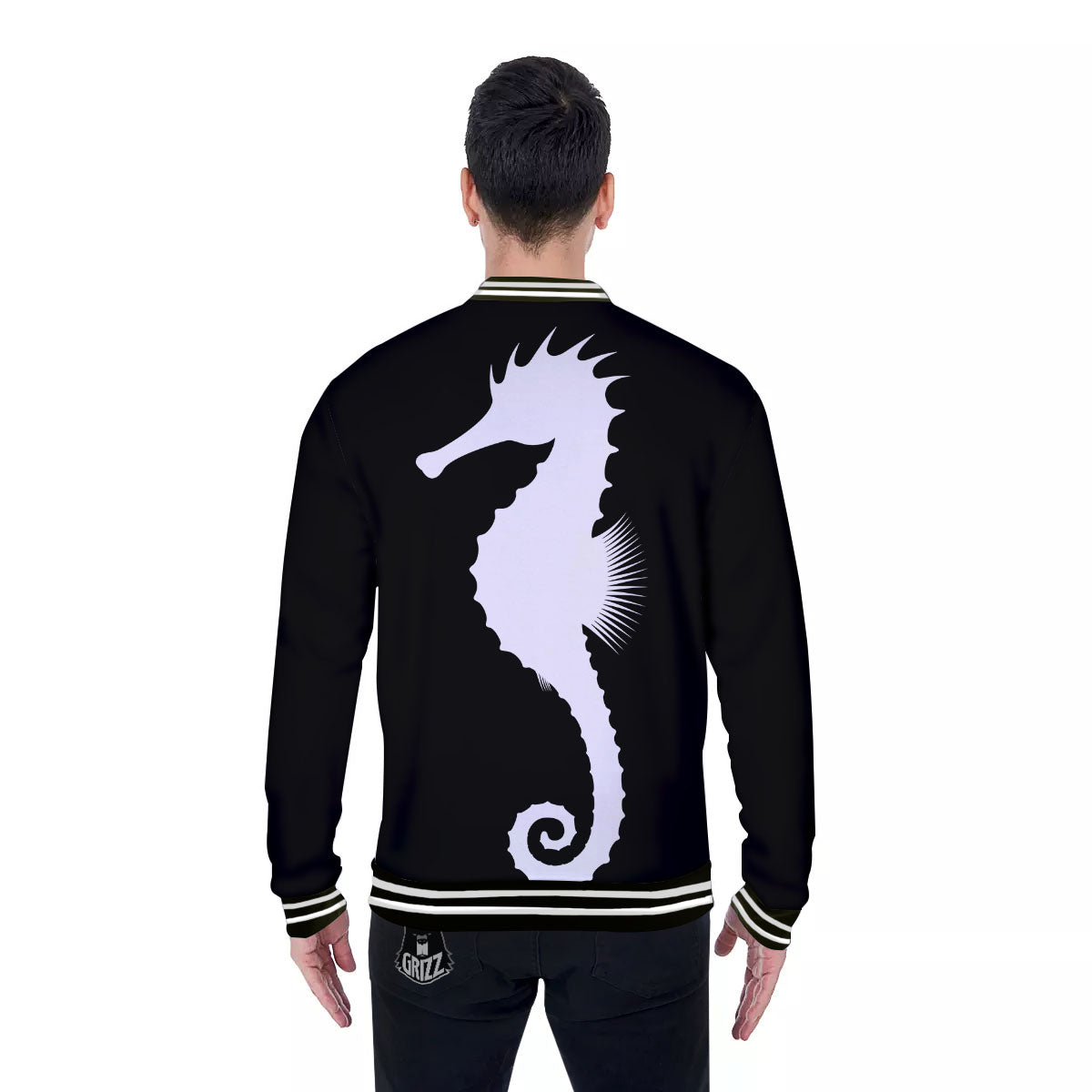 Seahorse White And Black Print Baseball Jacket-grizzshop