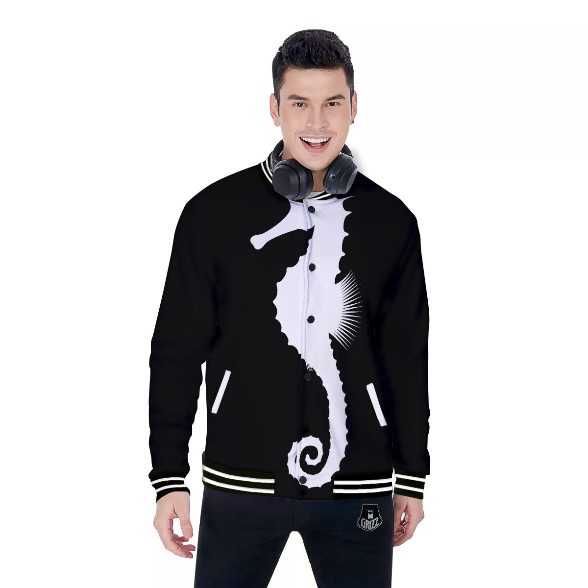 Seahorse White And Black Print Baseball Jacket-grizzshop