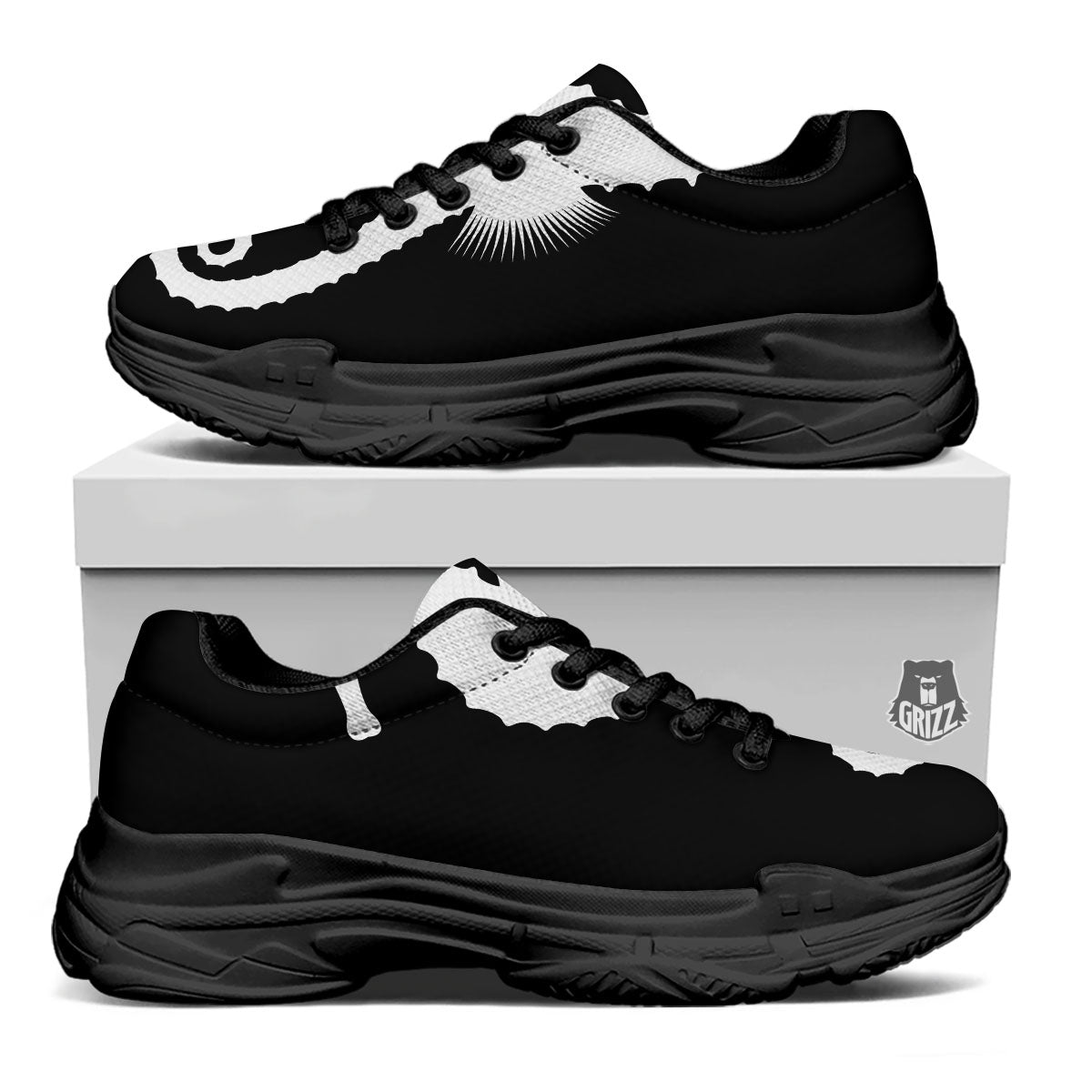 Seahorse White And Black Print Black Chunky Shoes-grizzshop
