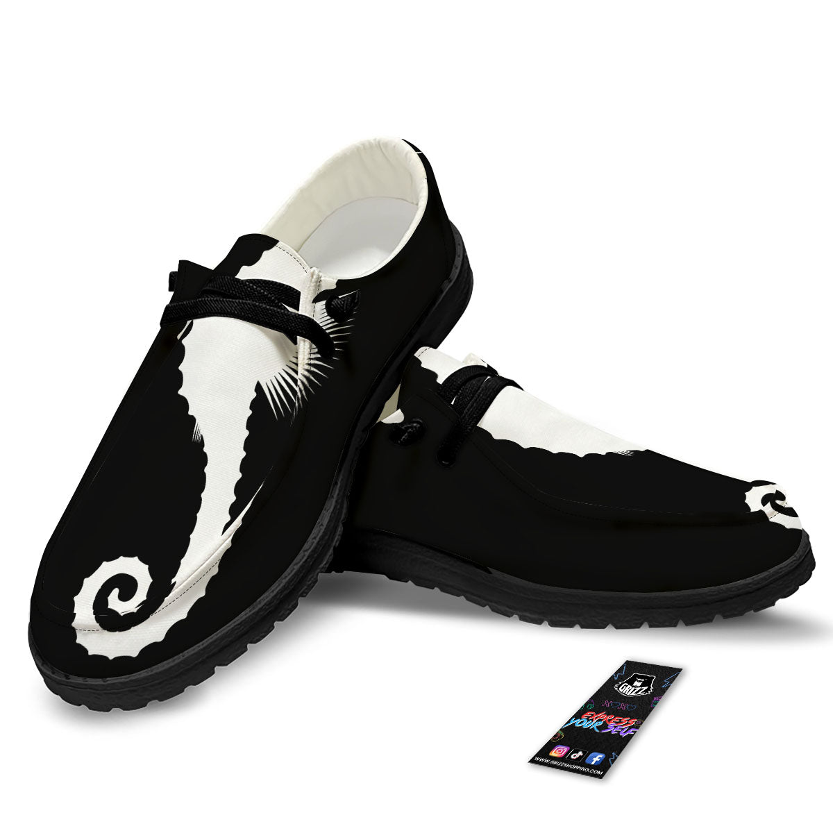 Seahorse White And Black Print Black Loafers-grizzshop
