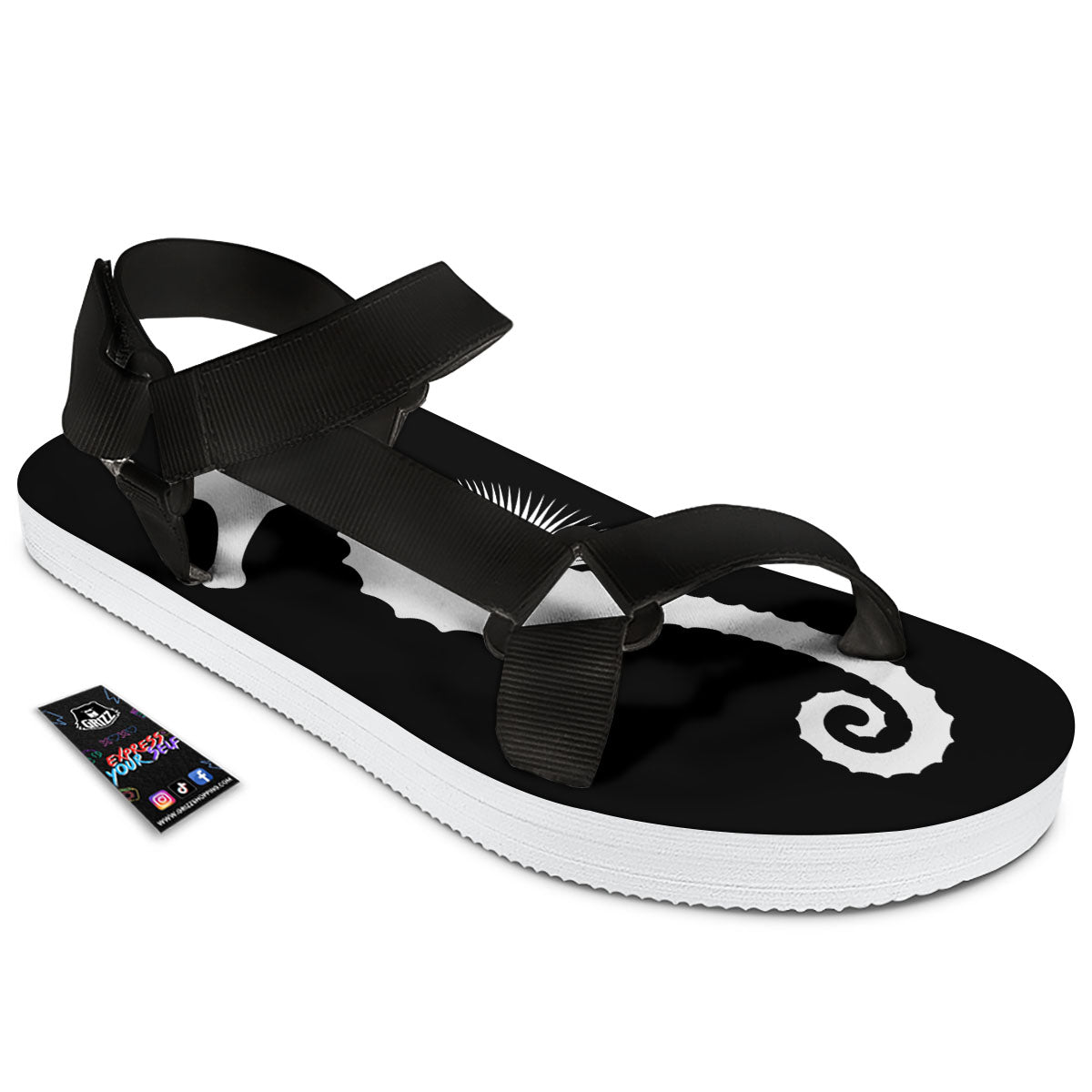 Seahorse White And Black Print Black Open Toe Sandals-grizzshop