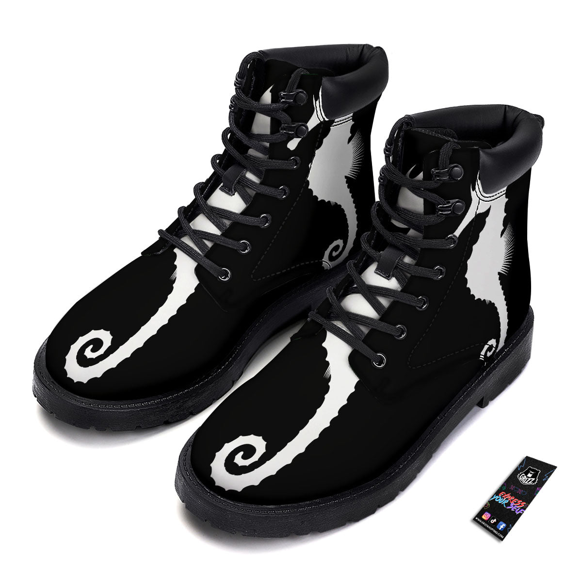 Seahorse White And Black Print Boots-grizzshop