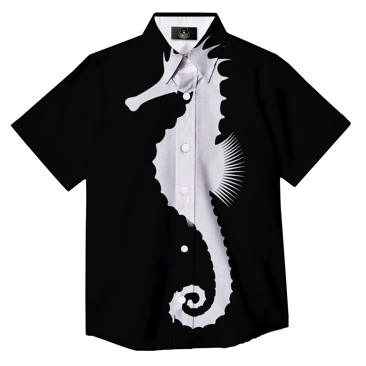 Seahorse White And Black Print Button Up Shirt-grizzshop