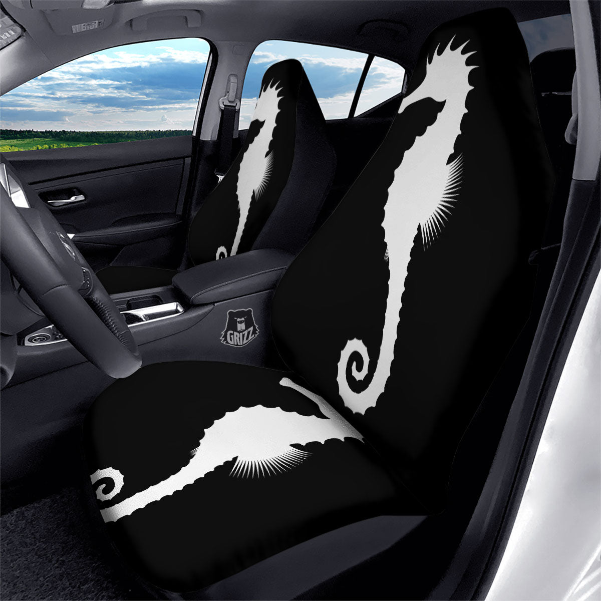 Seahorse White And Black Print Car Seat Covers-grizzshop