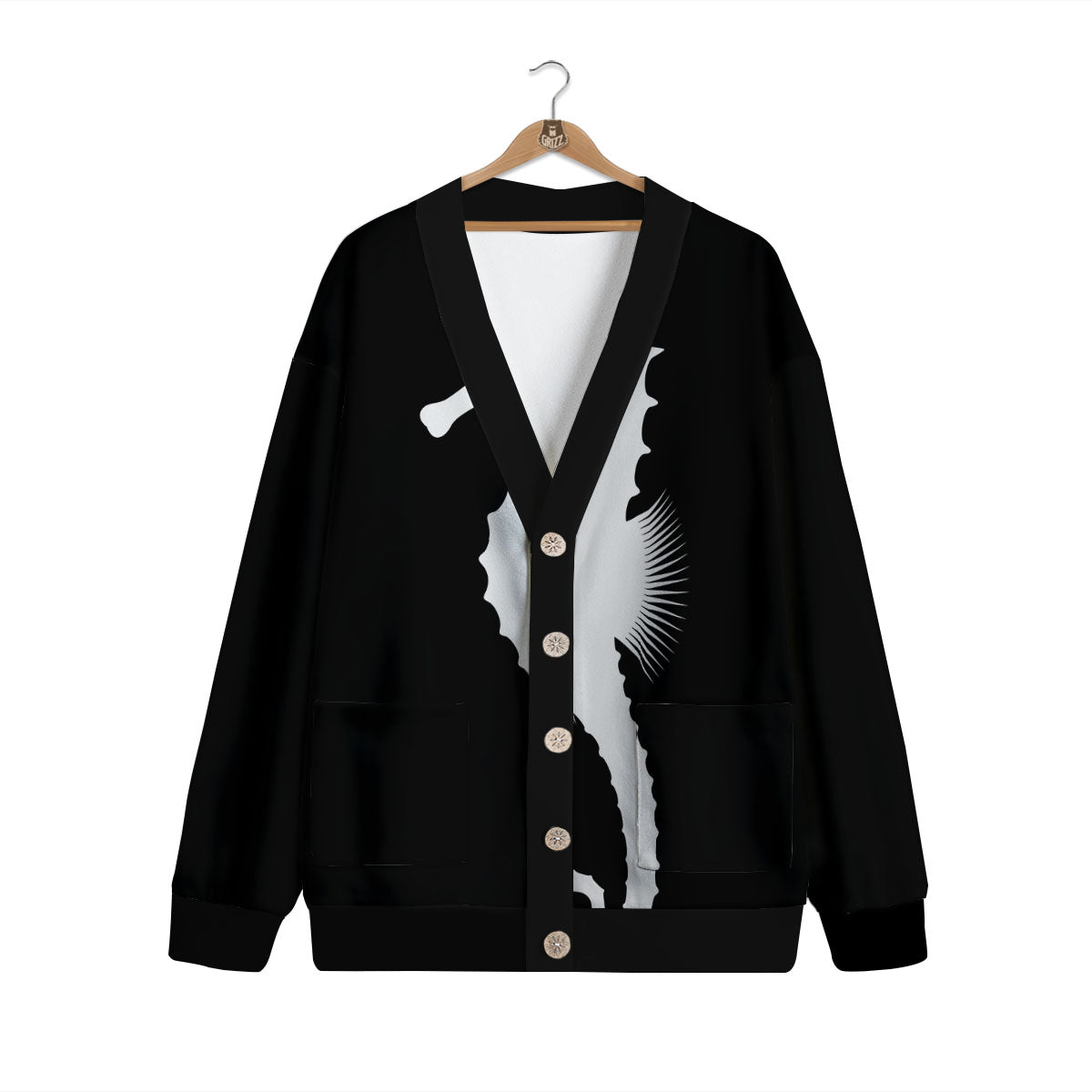 Seahorse White And Black Print Cardigan-grizzshop