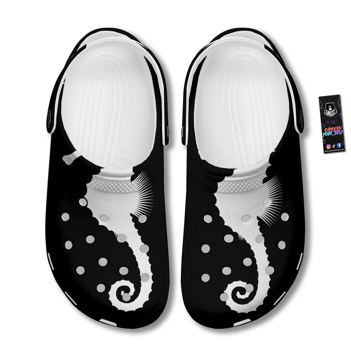 Seahorse White And Black Print Clog-grizzshop
