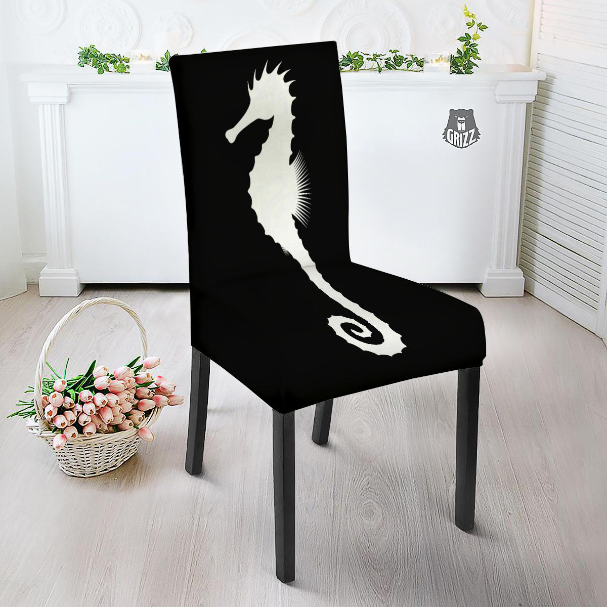 Seahorse White And Black Print Dining Chair Slipcover-grizzshop