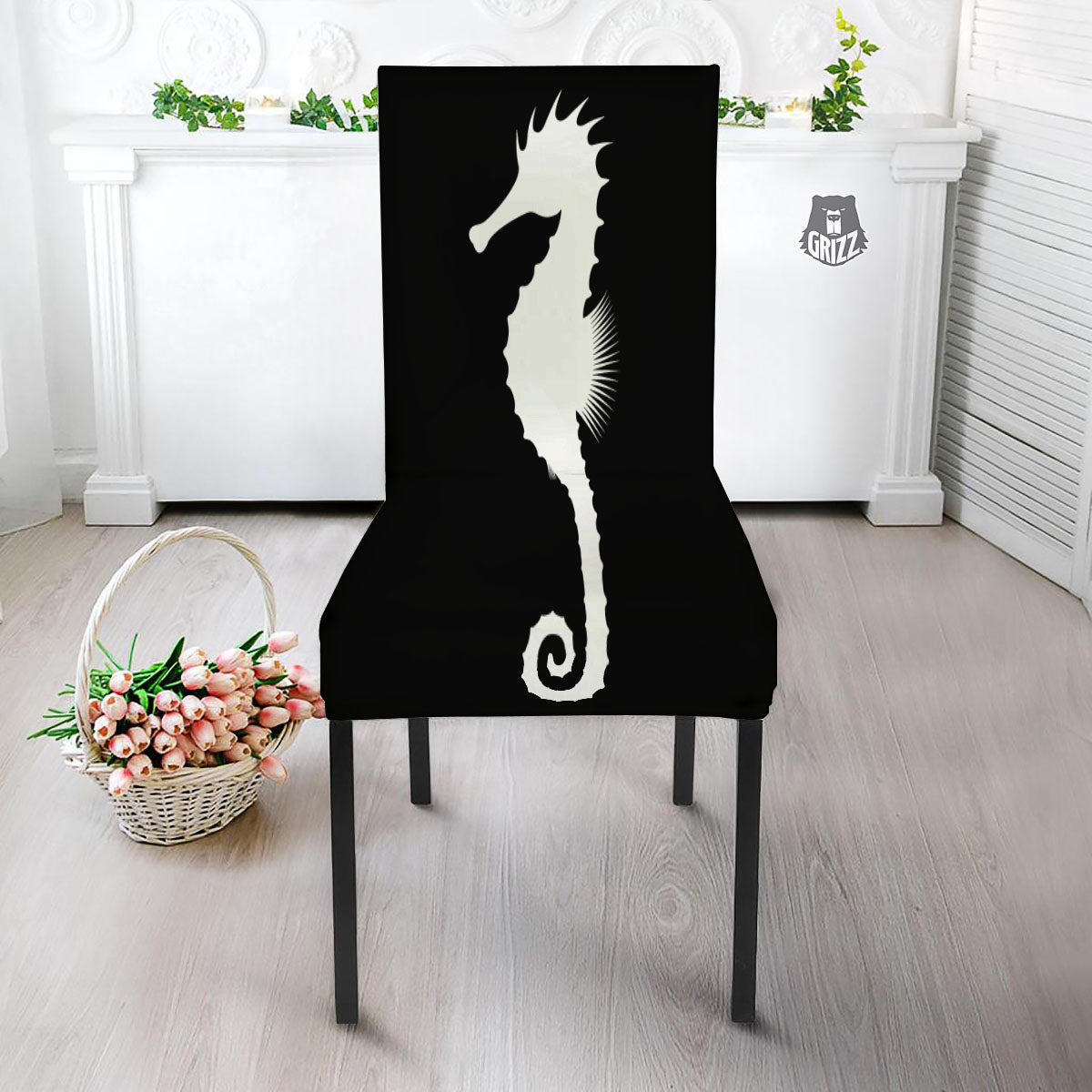 Seahorse White And Black Print Dining Chair Slipcover-grizzshop